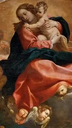『聖ルカと聖カタリナの聖母』（ L'Apparition de la Vierge à saint Luc et à sainte Catherine ）　401cm×226cm　1592年　アンニ―バレ・カラッチ　ルーヴル美術館蔵