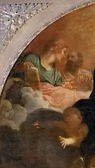 『聖ルカと聖カタリナの聖母』（ L'Apparition de la Vierge à saint Luc et à sainte Catherine ）　401cm×226cm　1592年　アンニ―バレ・カラッチ　ルーヴル美術館蔵