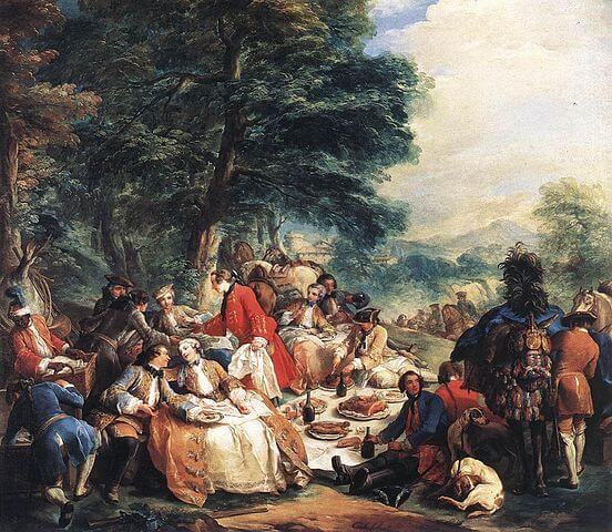 『狩猟の合間の昼食』（ Halte de chasse ）　1737年　シャルル＝アンドレ・ヴァン・ロー　ルーヴル美術館蔵