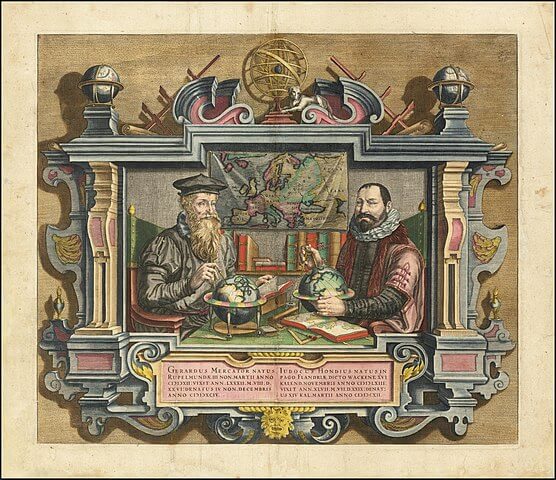 右の人物がヨドクス・ホンディウス。左はゲラルドゥス・メルカトル（1610年頃、Coletta Hondius作）