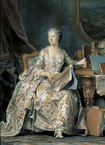 『ポンパドゥール侯爵夫人の全身像』（ Portrait en pied de la marquise de Pompadour ）　1749年から1755年の間　モーリス＝カンタン・ド・ラトゥール　ルーヴル美術館蔵