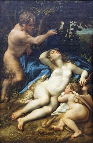 『眠れるヴィーナスとキューピッド、サテュロス』（ Vénus, Satyre et l'Amour endormi ）　1524年－1527年の間　コレッジョ　ルーヴル美術館蔵