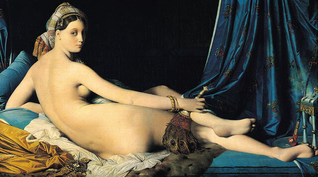 『グランド・オダリスク』（ Une odalisque, dite La grande odalisque ）　91 cm × 162 cm　1814年　ドミニク・アングル　ルーヴル美術館蔵