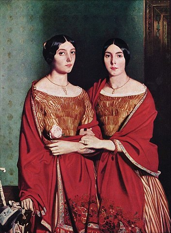 『画家の姉妹アデルとアリーヌ・シャセリオー』（ Mesdemoiselles Chassériau, dit aussi Les deux soeurs. Marie-Antoinette-Adèle (1810-1869) et Geneviève (Aline) Chassériau (1822-1871), soeurs de l'artiste.）　180cm×135cm　1843年　テオドール・シャセリオー　ルーヴル美術館蔵