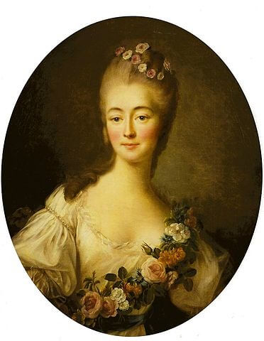 『フローラに扮したデュ・バリー夫人』　1769年　フランソワ＝ユベール・ドルーエ　ヴェルサイユ宮殿