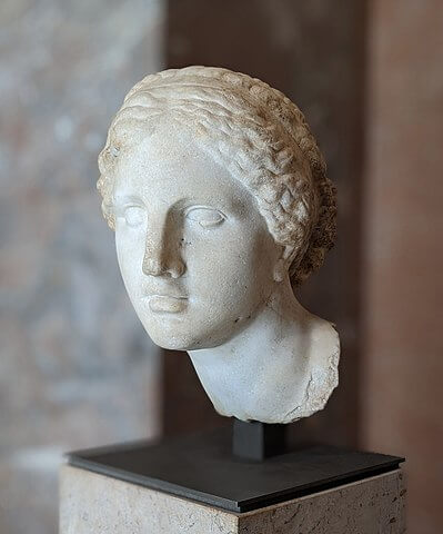 アフロディテ頭部 通称《カウフマンの頭部》　高さ34cm 幅22cm  奥行き33cm　紀元前150年頃（プラクシテレスのオリジナルは紀元前360年頃）　ルーヴル美術館蔵