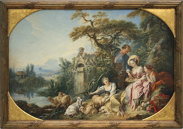 『羊飼いの贈り物、または巣』（ Les présents du berger ou Le nid ）　高さ 0.98 m　幅 1.46 m　1740年頃　フランソワ・ブーシェ　ルーヴル美術館蔵