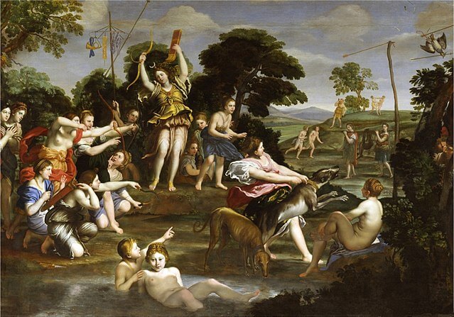 『狩りをする女神ディアナ』　225 cm×320 cm　1617年　ドメニキーノ　ボルケーゼ美術館
