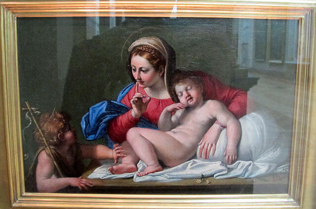 『聖母子と聖ヨハネ（「沈黙」または「カラッチの沈黙」）』（ La Vierge et l'Enfant Jésus avec saint Jean, dit aussi Le Silence, ou encore Le Silence du Carrache ）　38 × 47 cm　1605年頃　ドメニキーノ　ルーヴル美術館蔵