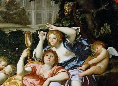 『リナルドとアルミーダ』（ Renaud présentant un miroir à Armide ）　121×168 cm　1617年－1621年頃　ドメニキーノ　ルーヴル美術館蔵