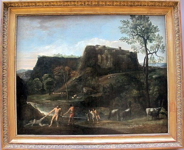 『洞窟からカクスを引っ張り出すヘラクレス』（ Paysage avec Hercule tirant Cacus de sa caverne ）　119 × 150 cm　1600年－1625年頃　ドメニキーノ　ルーヴル美術館蔵