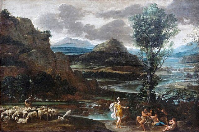 『羊飼いたちとエルミ二―』（ Herminie chez les bergers ）　124×181 cm　1622年－1625年頃　ドメニキーノ　ルーヴル美術館蔵