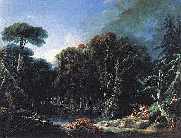 『森』（ La Forêt ）　高さ 1.31 m　幅 1.63 m　1740年　フランソワ・ブーシェ　ルーヴル美術館蔵