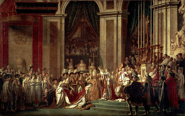 『ナポレオン一世の戴冠式と皇妃ジョゼフィーヌの戴冠』（ Sacre de l'empereur Napoléon 1er et couronnement de l'impératrice Joséphine dans la cathédrale Notre-Dame de Paris, le 2 décembre 1804.）　1806年 - 1807年　ジャック＝ルイ・ダヴィッド　ルーヴル美術館蔵
