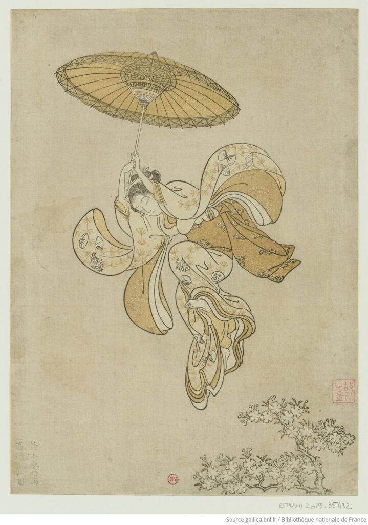 Beauté sautant dans le vide depuis le balcon du temple Kiyomizu-dera, 1765, Peint par Suzuki Harunobu, Format : 1 estampe : gravure sur bois polychrome ; 25,8 x…, ark:/12148/btv1b100255590, Bibliothèque nationale de France, 『清水舞台より飛ぶ女』　1765年　鈴木春信　フランス国立図書館蔵