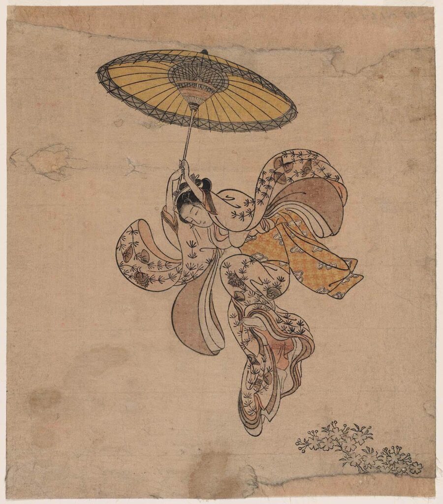 Young Woman Jumping from the Kiyomizu Temple Balcony with an Umbrella as a Parachute, Suzuki Harunobu (Japanese, 1725–1770)JapaneseEdo period1765 (Meiwa 2), Woodblock print (nishiki-e); ink and color on paper, 24 x 20.9 cm (9 7/16 x 8 1/4 in.), Accession Number 21.4598, Museum of Fine Arts Boston, 『清水の舞台から飛び降りる女』　1765年　鈴木春信　ボストン美術館蔵