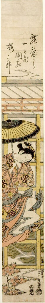 Woman with Parasol Jumping from Balcony of Kiyomizu-dera, Ishikawa Toyonobu 石川豊信, Japanese (1711 - 1785), Object Number 1933.4.1256, print, Edo period, circa 1750s, Paper: H. 71.7 cm x W. 10.6 cm (28 1/4 x 4 3/16 in.), Harvard Art Museums/Arthur M. Sackler Museum, Gift of the Friends of Arthur B. Duel, 『清水の舞台から飛び降りる女』　1750年代　石川豊信　Harvard Art Museums