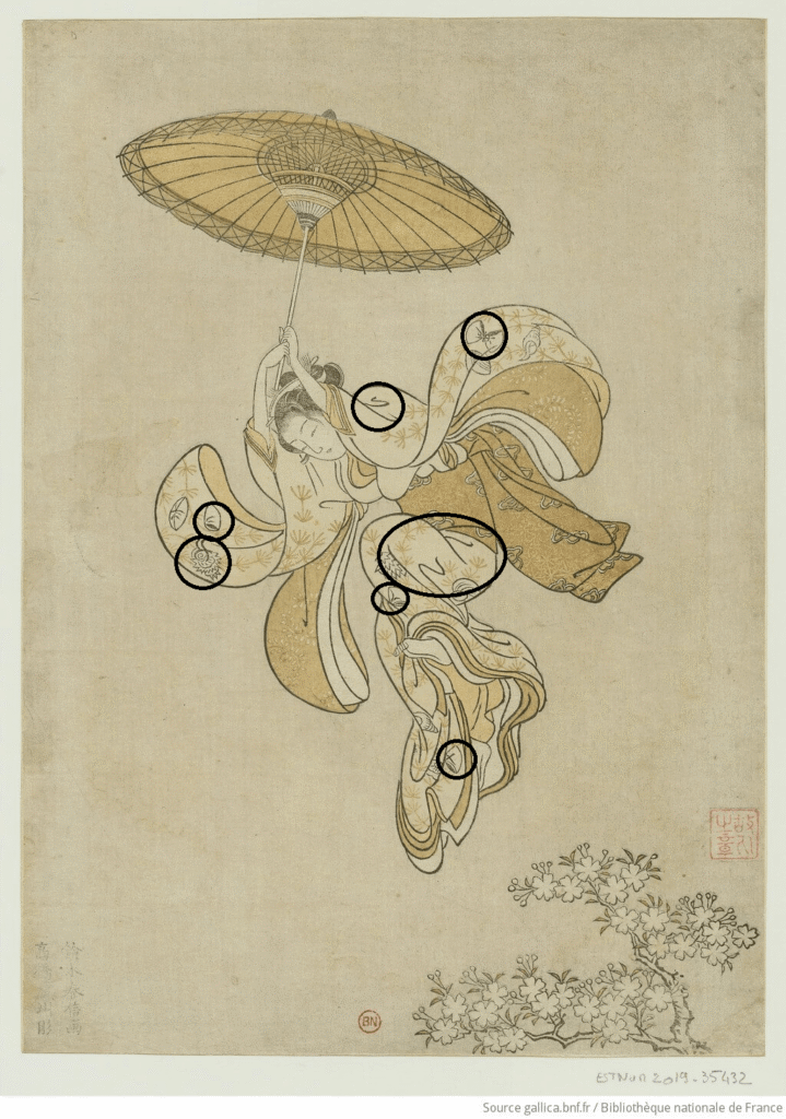 『清水舞台より飛ぶ女』 (Beauté sautant dans le vide depuis le balcon du temple Kiyomizu-dera)　1765年　鈴木春信　フランス国立図書館蔵
