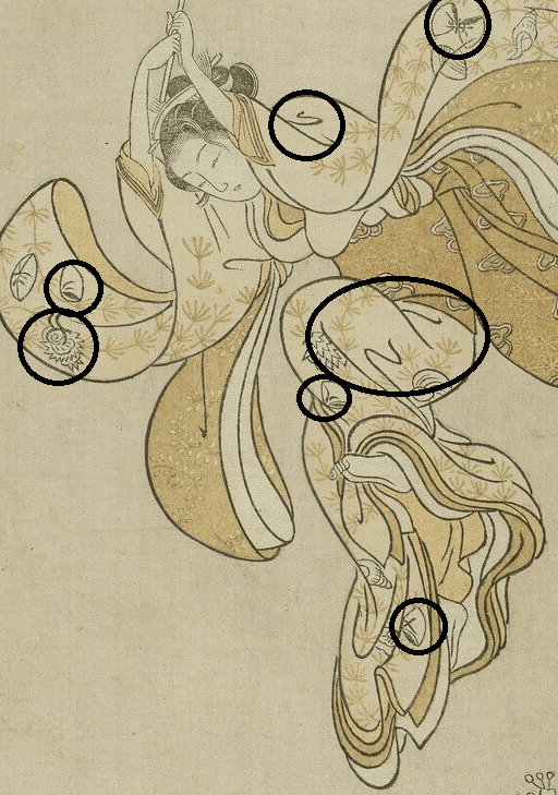 『清水舞台より飛ぶ女』 (Beauté sautant dans le vide depuis le balcon du temple Kiyomizu-dera)　1765年　鈴木春信　フランス国立図書館蔵